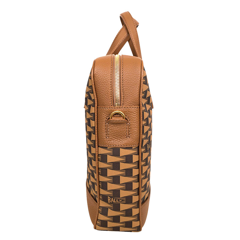 NEW $1,190 BALLY Camel Coated Canvas & Leather PENNANT Monogram Briefcase BAG