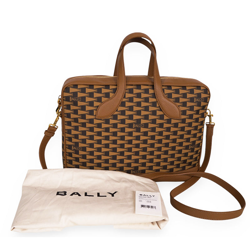 NEW $1,190 BALLY Camel Coated Canvas & Leather PENNANT Monogram Briefcase BAG