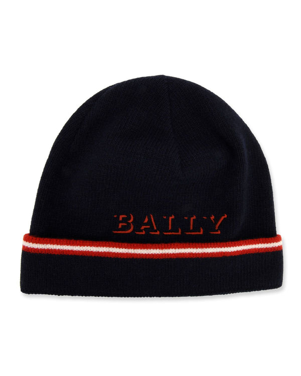 NEW $230 BALLY Dark Blue WOOL & CASHMERE Knit Logo Beanie Cap Unisex HAT