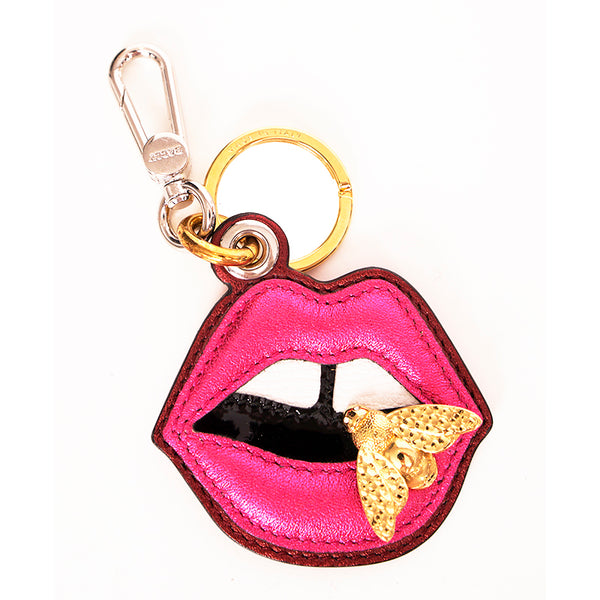 NEW $395 BALLY Pink Leather LIPS GOLD METAL BEE LOGO Bag Fob KEYRING Made ITALY