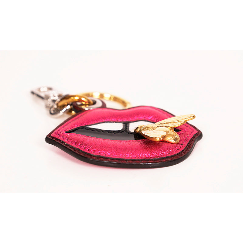 NEW $395 BALLY Pink Leather LIPS GOLD METAL BEE LOGO Bag Fob KEYRING Made ITALY