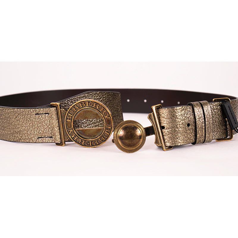 30/75 NEW $550 BURBERRY Gold Grainy Leather Icon LOGO MILITARY/ARMY CLASP BELT