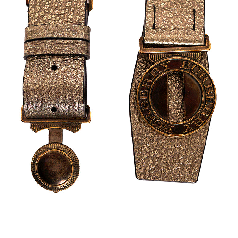 30/75 NEW $550 BURBERRY Gold Grainy Leather Icon LOGO MILITARY/ARMY CLASP BELT