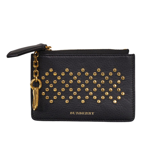 NEW $345 BURBERRY Black Leather GOLD STUDDED Zip Pouch WALLET CARD CASE NWOT