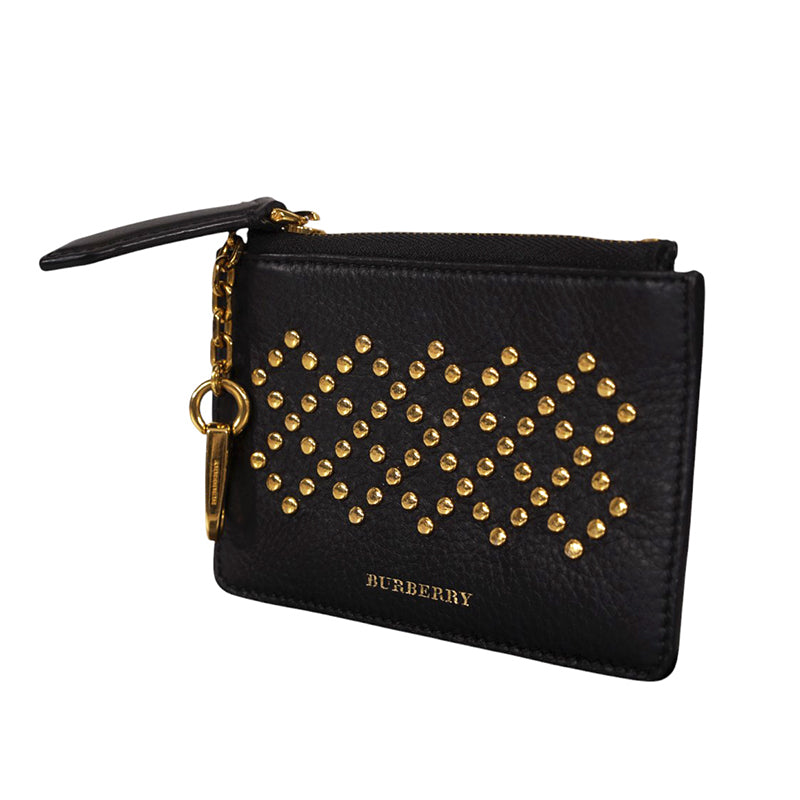 NEW $345 BURBERRY Black Leather GOLD STUDDED Zip Pouch WALLET CARD CASE NWOT