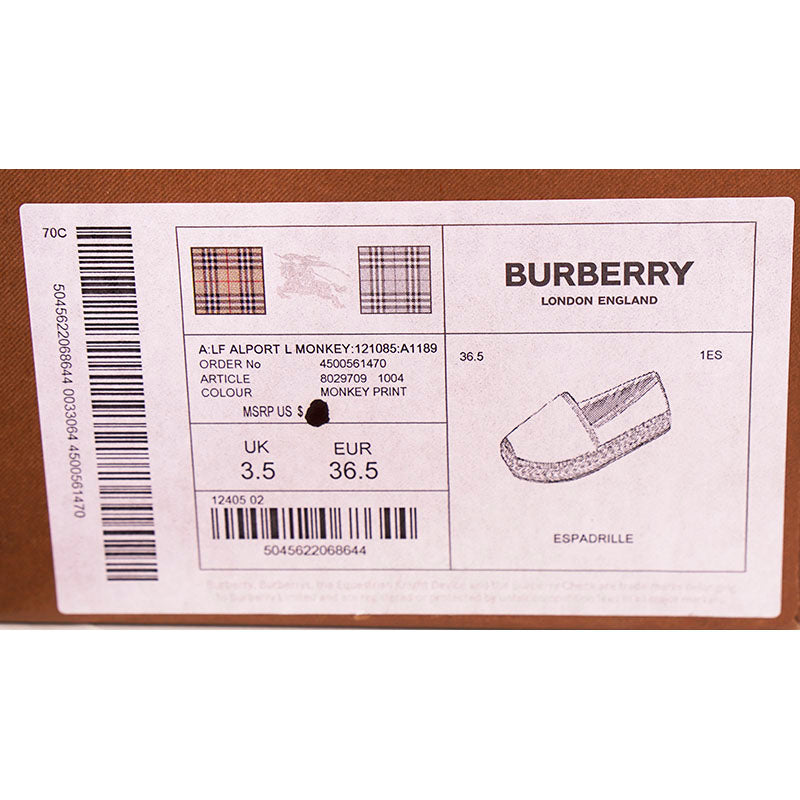 36.5 NEW $550 BURBERRY Woman's MONKEY JACQUARD Leather Trim ESPADRILLE FLATS 6.5