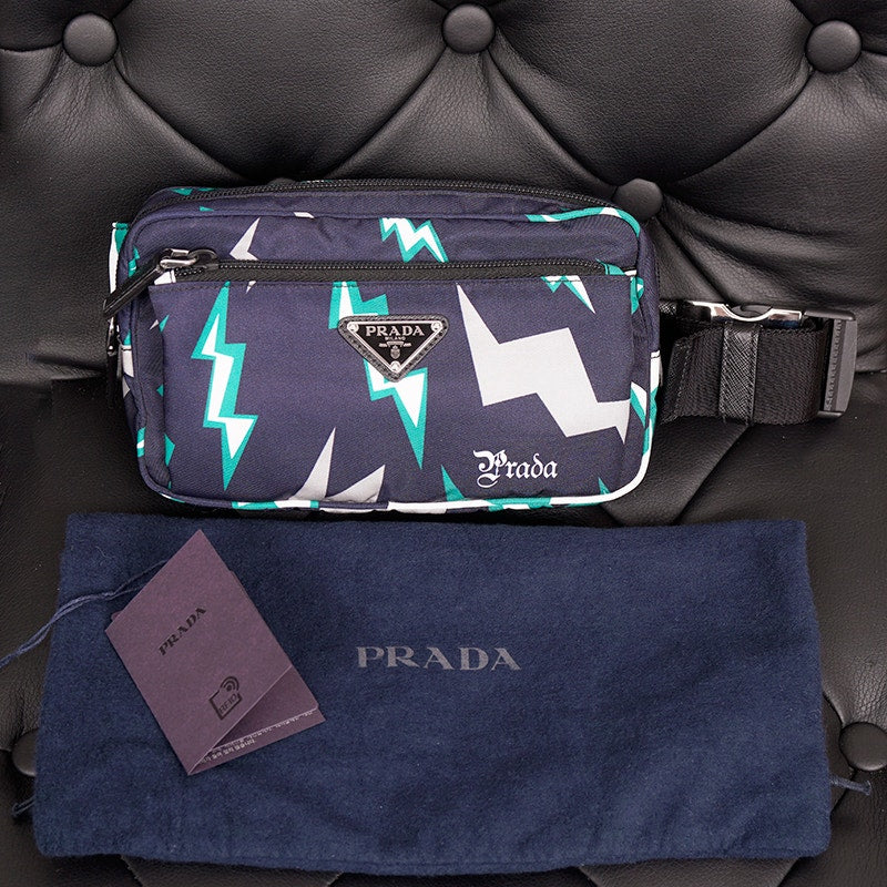 NEW $950 PRADA MEN Blue Frankenstein Thunderbolt Print PADDED NYLON Clutch BAG