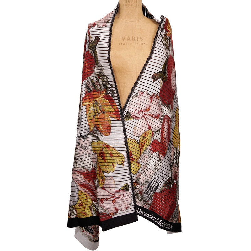NEW $1450 ALEXANDER MCQUEEN Red, Orange Yellow SLICED SKELETON Wool Stole SCARF