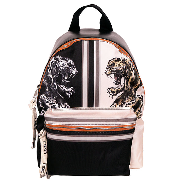 NEW $1,200 ROBERTO CAVALLI Dueling JAGUAR CAT PRINT Leather Nylon BACKPACK BAG