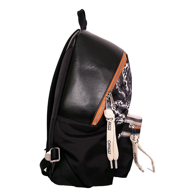 NEW $1,200 ROBERTO CAVALLI Dueling JAGUAR CAT PRINT Leather Nylon BACKPACK BAG