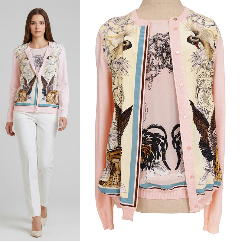 NEW $1,690 ROBERTO CAVALLI 2020 Resort HYBRID ANIMALS Layered Silk Wool CARDIGAN