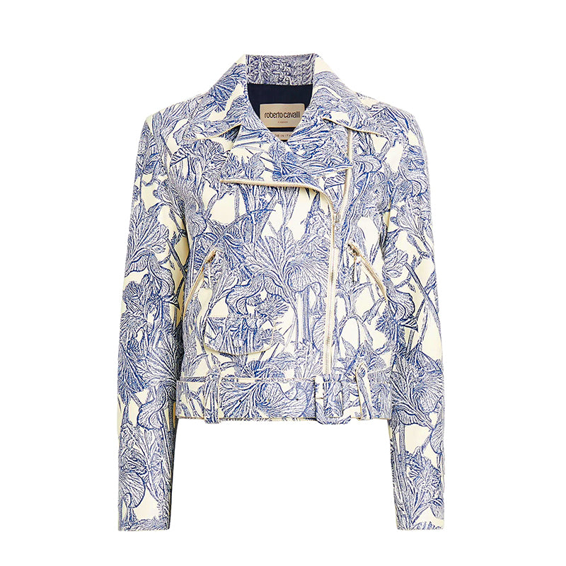 40 NEW $6395 ROBERTO CAVALLI RUNWAY Blue Botanic Print LEATHER Motorcycle JACKET