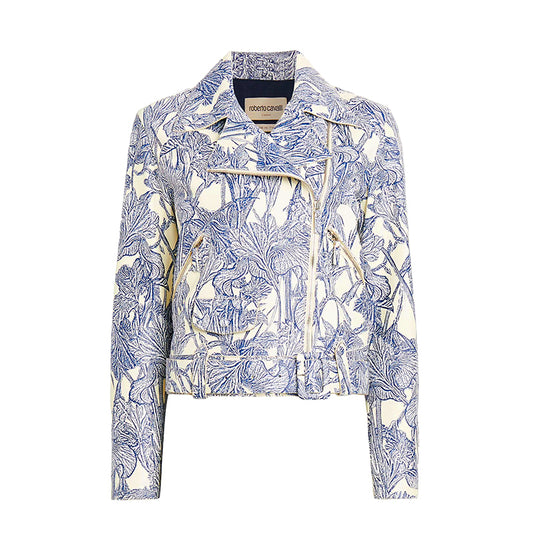 40 NEW $6395 ROBERTO CAVALLI RUNWAY Blue Botanic Print LEATHER Motorcycle JACKET