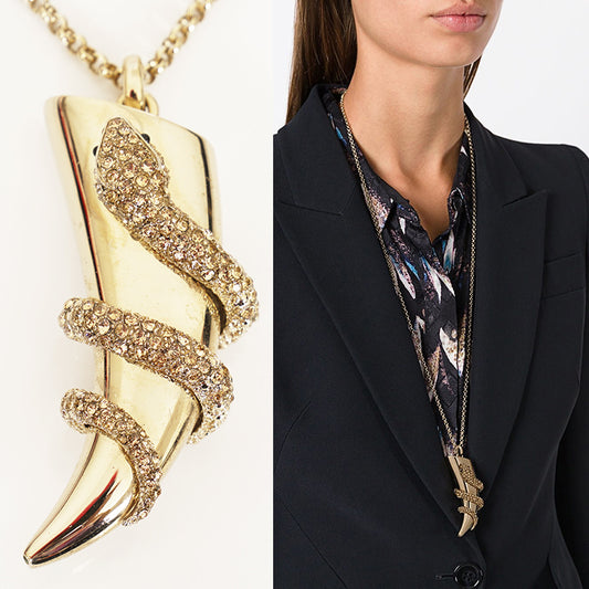 NEW $715 ROBERTO CAVALLI Gold Tone SNAKE HORN Swarovski Crystal Long NECKLACE