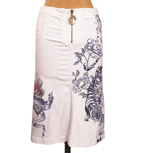 sz M VINTAGE ROBERTO CAVALLI 2003 TATTOO TIGER Floral FLAME HEART Cotton SKIRT