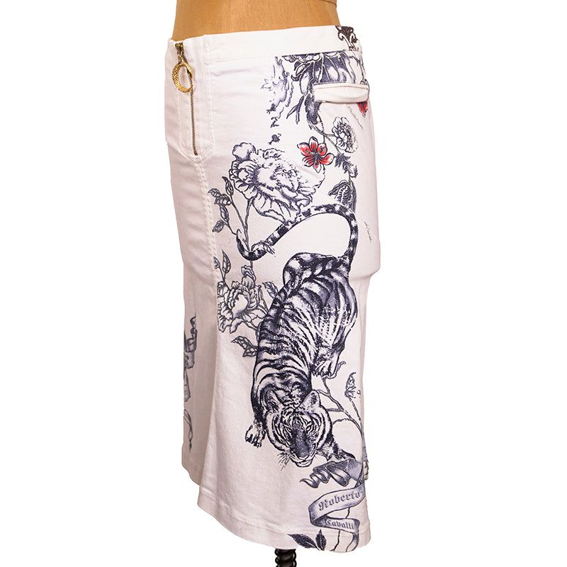 sz M VINTAGE ROBERTO CAVALLI 2003 TATTOO TIGER Floral FLAME HEART Cotton SKIRT