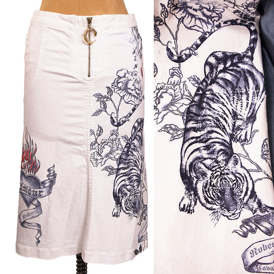 sz M VINTAGE ROBERTO CAVALLI 2003 TATTOO TIGER Floral FLAME HEART Cotton SKIRT