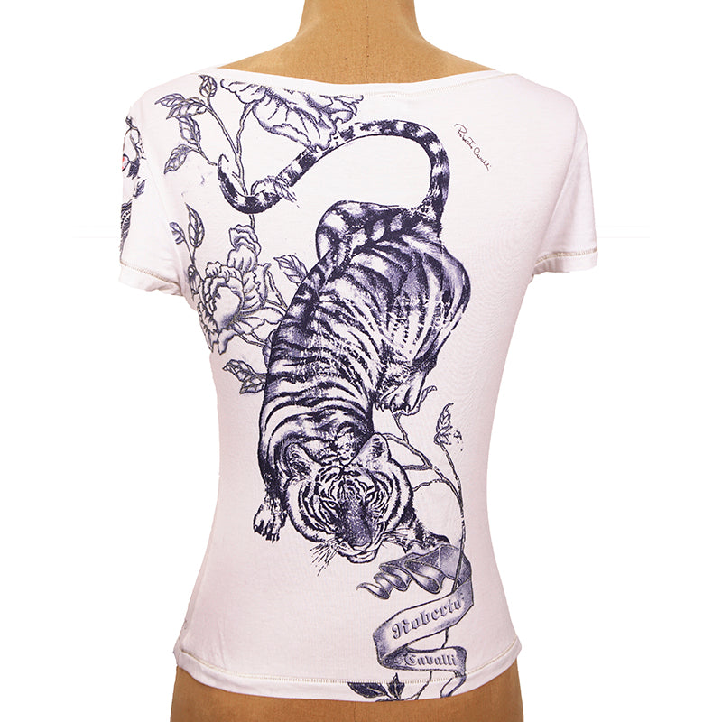sz M VINTAGE ROBERTO CAVALLI 2003 TATTOO TIGER Floral Modal Jersey Tee TOP SHIRT