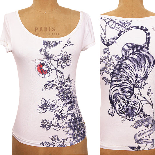 sz M VINTAGE ROBERTO CAVALLI 2003 TATTOO TIGER Floral Modal Jersey Tee TOP SHIRT