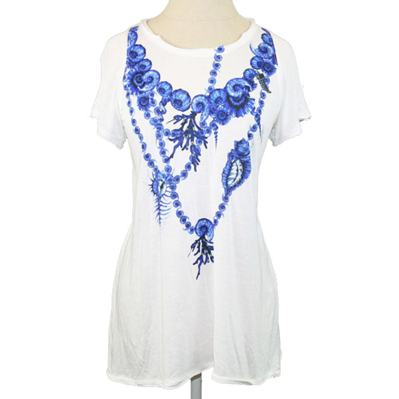 40 NEW $600 ROBERTO CAVALLI White Modal TROPICAL BLUE SHELL HORN T-shirt TEE TOP