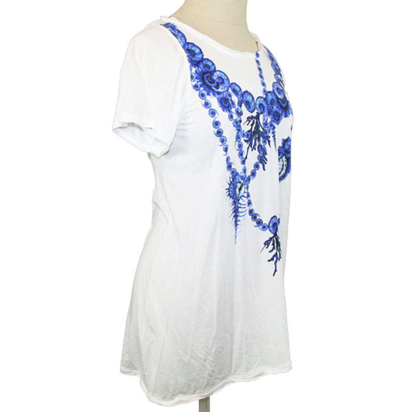 40 NEW $600 ROBERTO CAVALLI White Modal TROPICAL BLUE SHELL HORN T-shirt TEE TOP