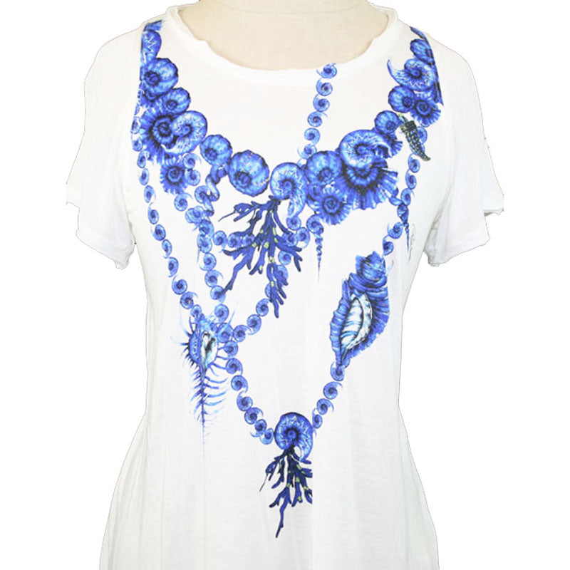 40 NEW $600 ROBERTO CAVALLI White Modal TROPICAL BLUE SHELL HORN T-shirt TEE TOP