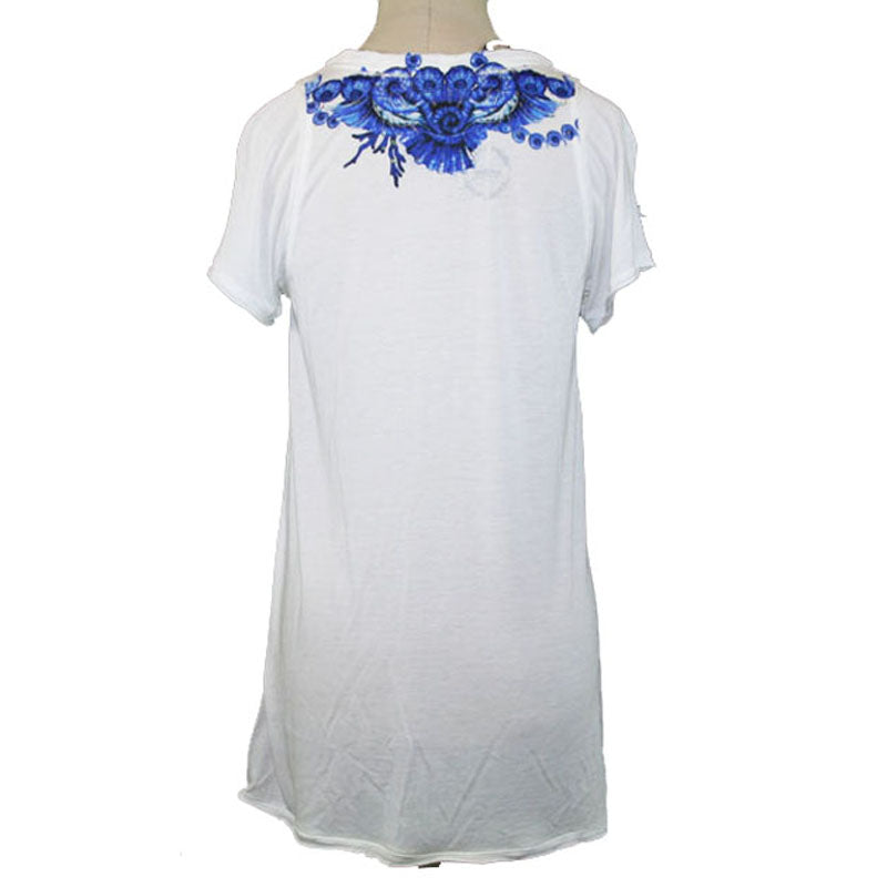 40 NEW $600 ROBERTO CAVALLI White Modal TROPICAL BLUE SHELL HORN T-shirt TEE TOP