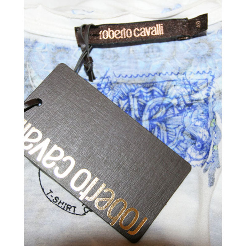 40 NEW $600 ROBERTO CAVALLI White Modal TROPICAL BLUE SHELL HORN T-shirt TEE TOP