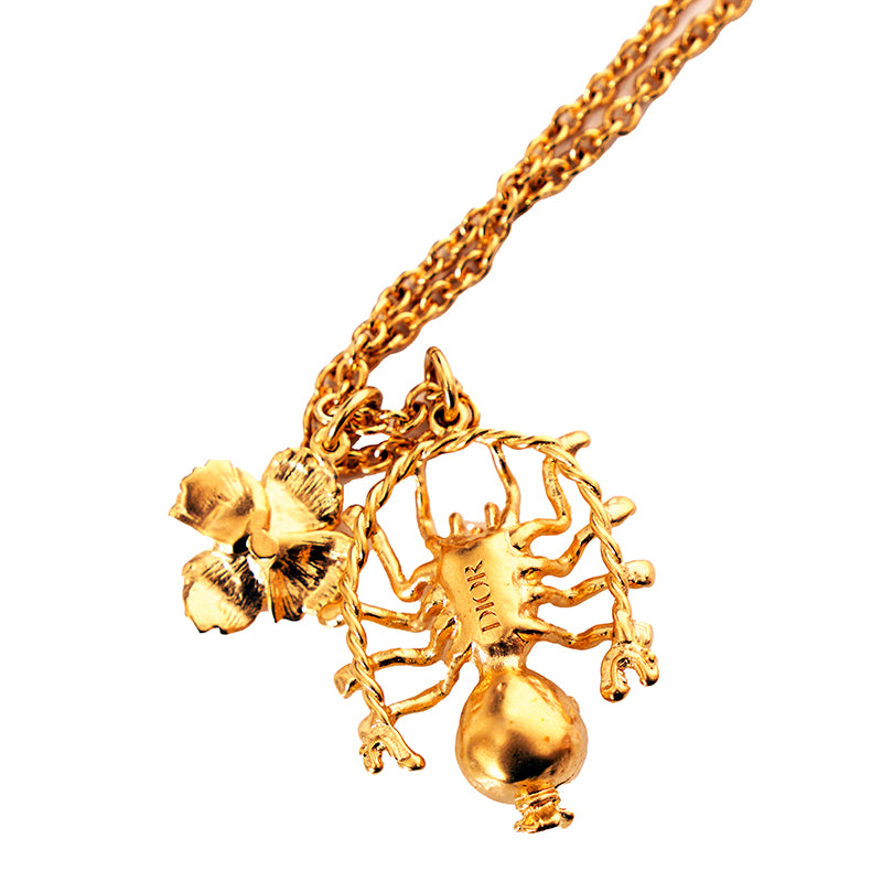 NEW $660 CHRISTIAN DIOR Mille Fleurs de SPIDER & FLOWER CHARM Gold Tone NECKLACE