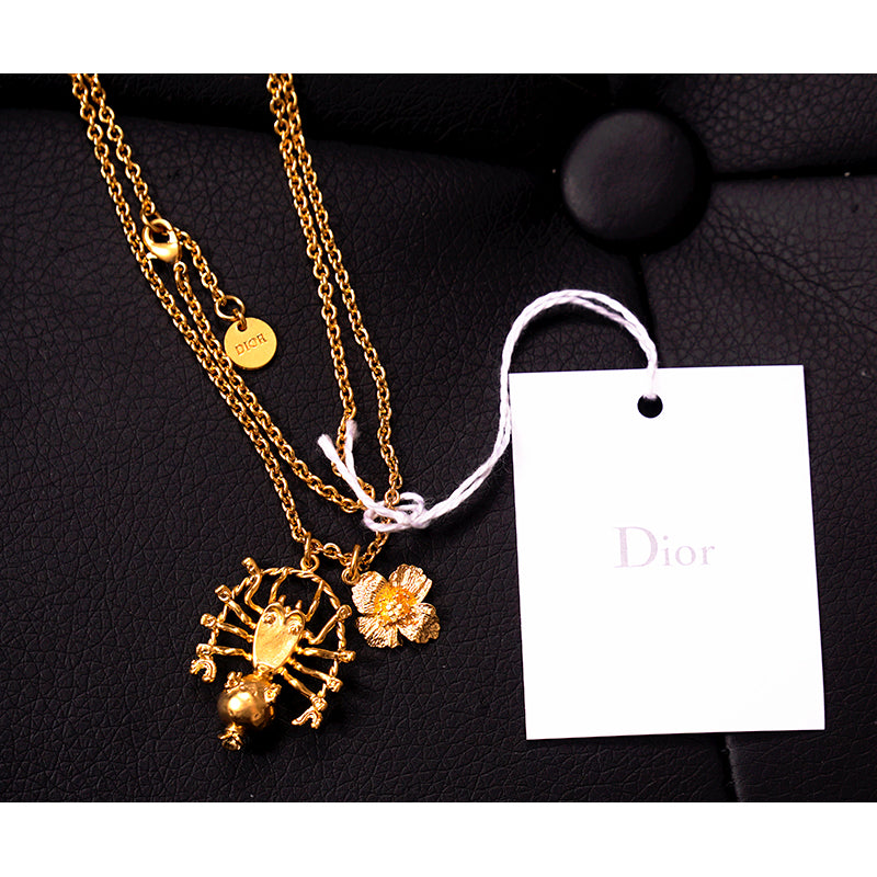 NEW $660 CHRISTIAN DIOR Mille Fleurs de SPIDER & FLOWER CHARM Gold Tone NECKLACE