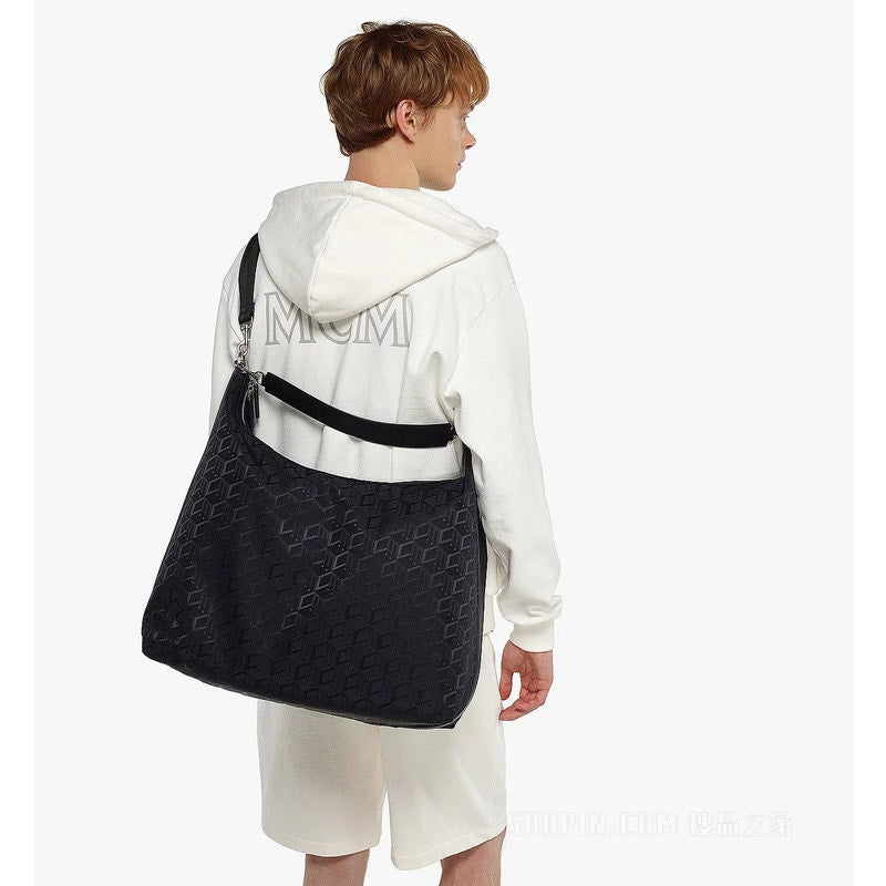 NEW $950 MCM Black CUBIC LOGO Monogram Nylon Sporty Aren X-Large Hobo 2-Way BAG
