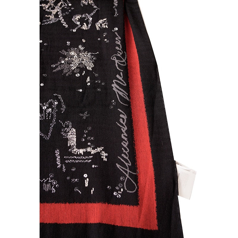 NEW $1,020 ALEXANDER MCQUEEN Black Wool Blend SKELETON GRAFFTI HEART Stole SCARF