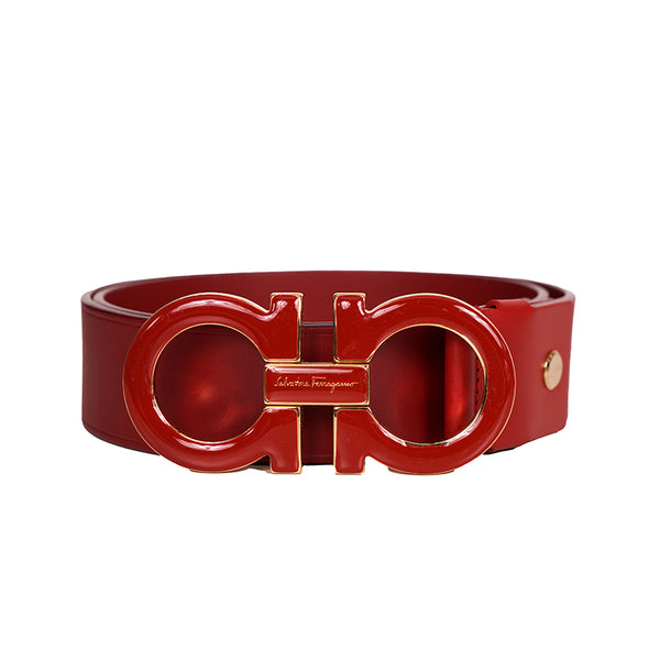 38/95 SALVATORE FERRAGAMO Men’s Red Leather GANCINI ENAMEL BUCKLE BELT CI-679068