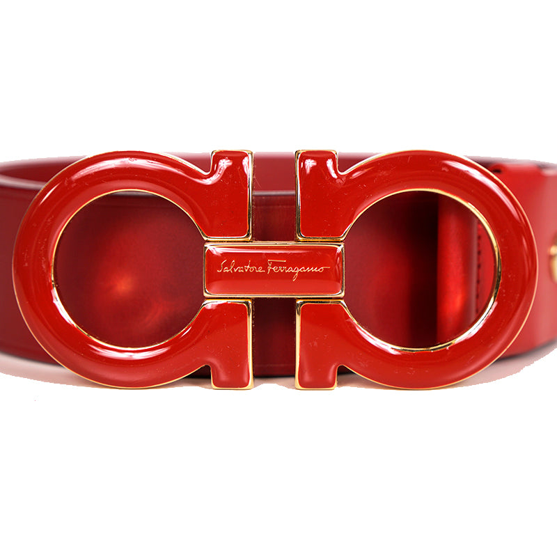 38/95 SALVATORE FERRAGAMO Men’s Red Leather GANCINI ENAMEL BUCKLE BELT CI-679068