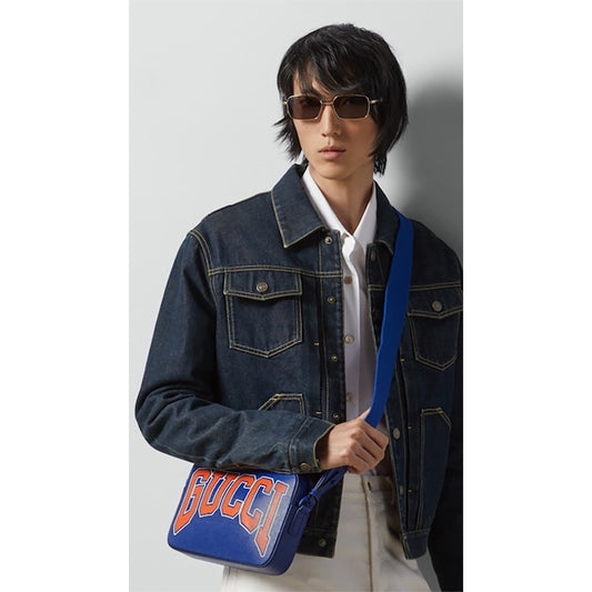 NEW $1,395 GUCCI Chinese New Year DRAGON GG LOGO Blue Leather CAMERA BAG NIB