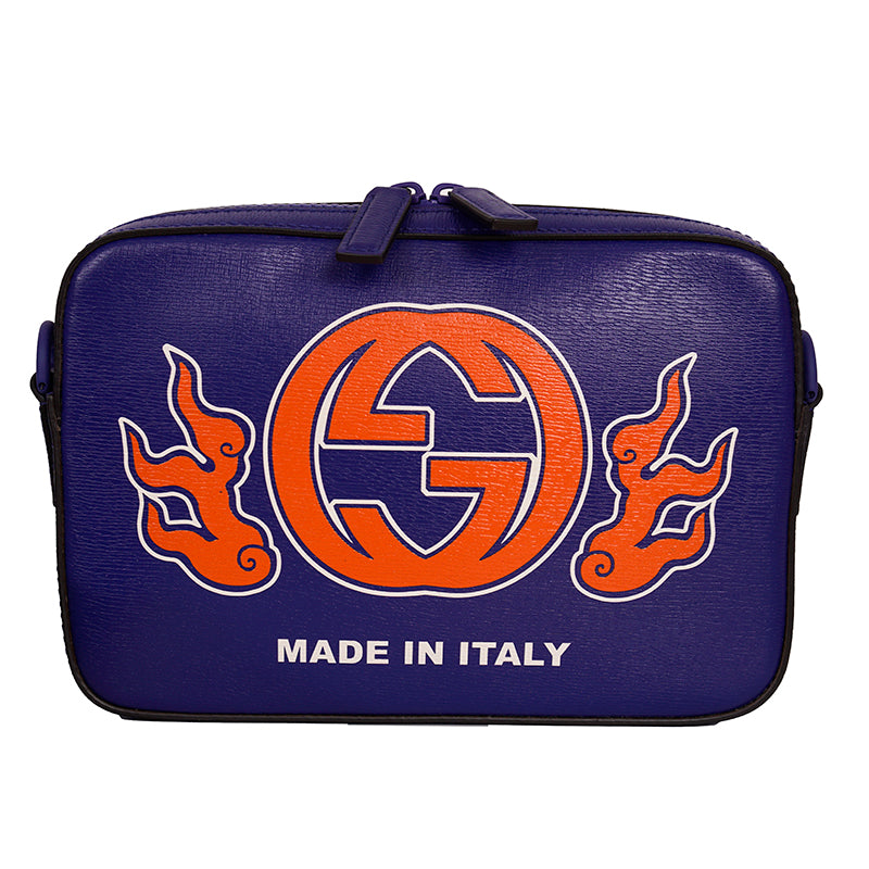 NEW $1,395 GUCCI Chinese New Year DRAGON GG LOGO Blue Leather CAMERA BAG NIB