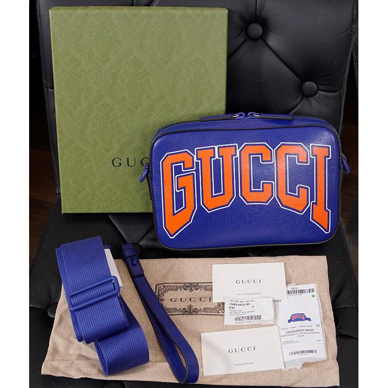 NEW $1,395 GUCCI Chinese New Year DRAGON GG LOGO Blue Leather CAMERA BAG NIB