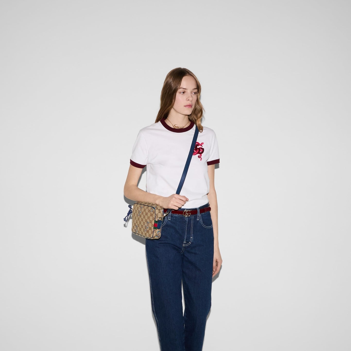 NEW $1890 GUCCI Canvas LUNAR SNAKE BLUE Embroidered GG LOGO Crossbody Camera BAG