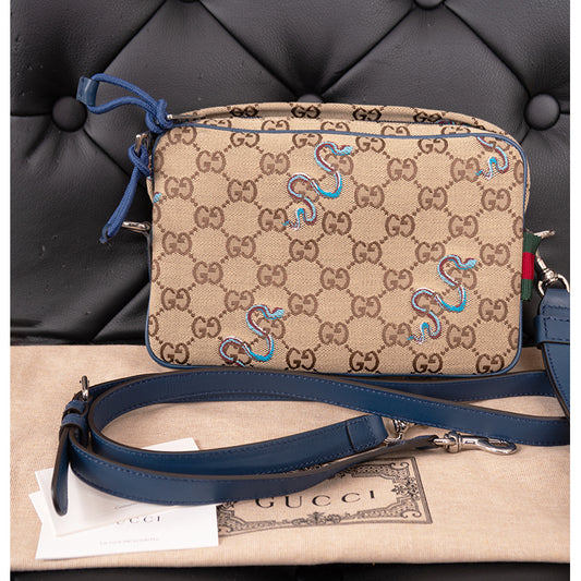 NEW $1890 GUCCI Canvas LUNAR SNAKE BLUE Embroidered GG LOGO Crossbody Camera BAG