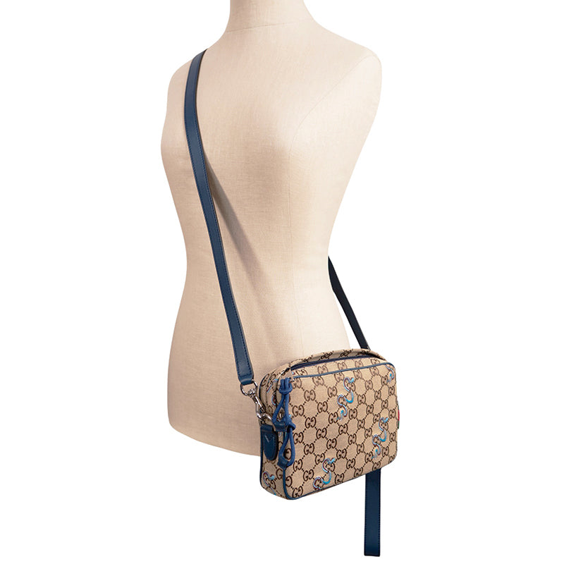 NEW $1890 GUCCI Canvas LUNAR SNAKE BLUE Embroidered GG LOGO Crossbody Camera BAG