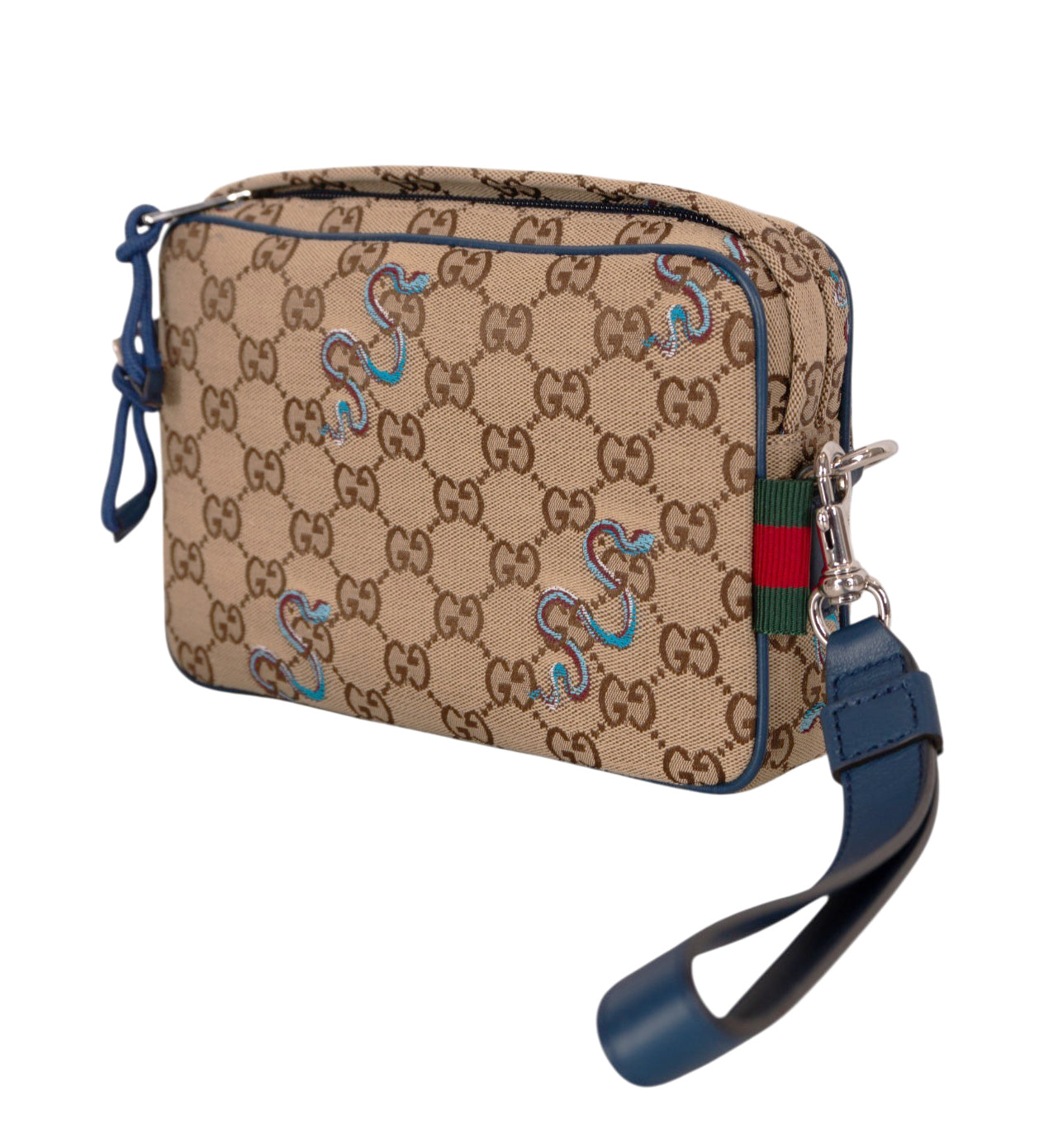 NEW $1890 GUCCI Canvas LUNAR SNAKE BLUE Embroidered GG LOGO Crossbody Camera BAG