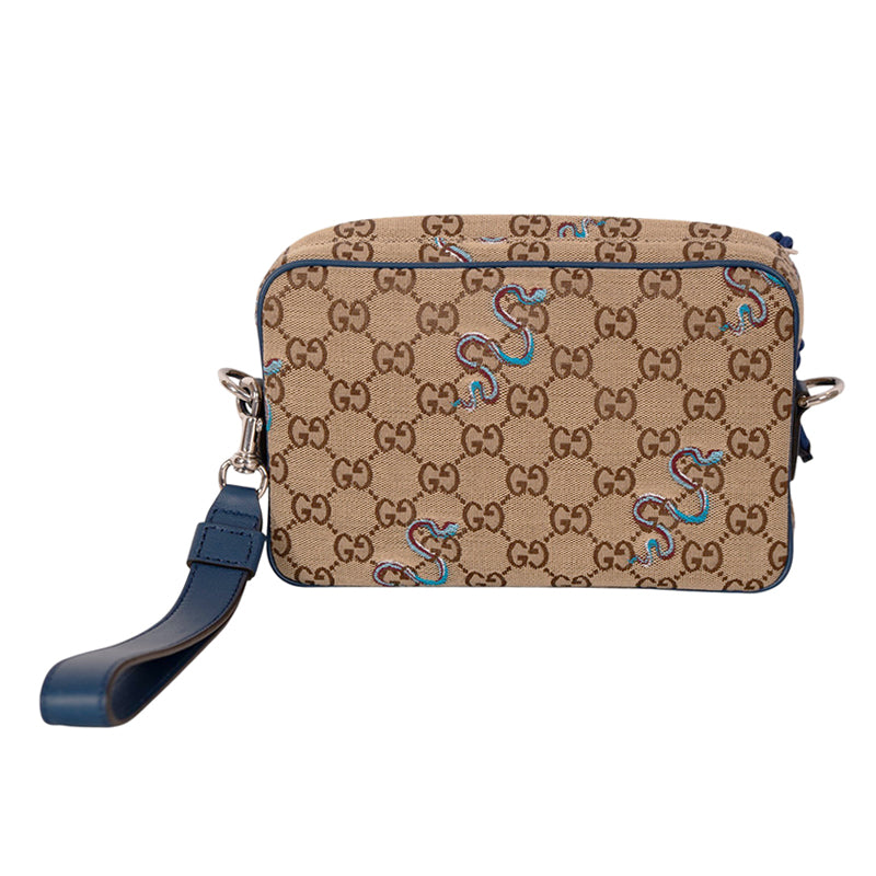 NEW $1890 GUCCI Canvas LUNAR SNAKE BLUE Embroidered GG LOGO Crossbody Camera BAG