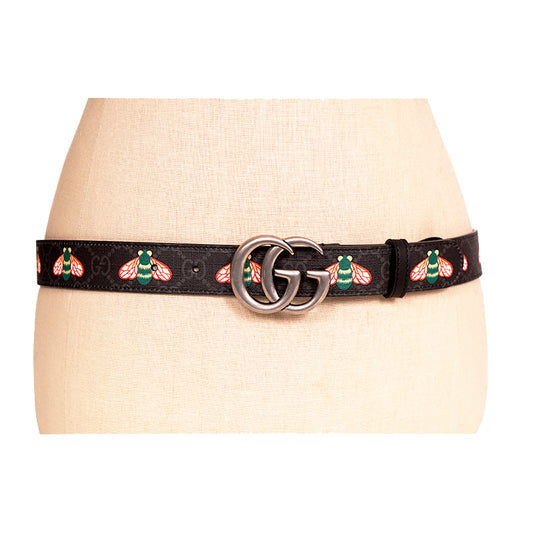 90/36 NEW $570 GUCCI Men's Black/Gray Supreme Coated Canvas GG LOGO BEE BELT NWT