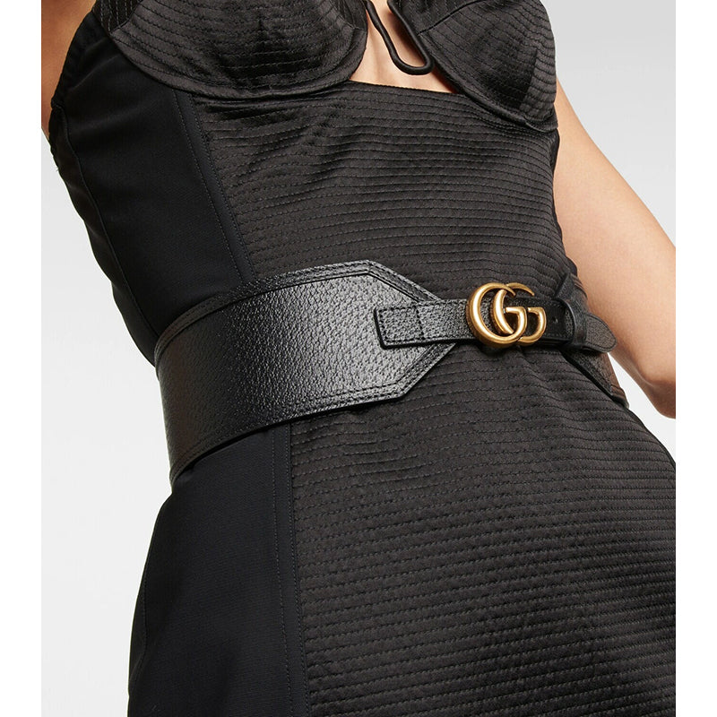 85/34 NEW $695 GUCCI Woman Black Leather GOLD GG MARMONT LOGO Wide Waist BELT