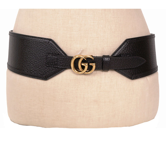 85/34 NEW $695 GUCCI Woman Black Leather GOLD GG MARMONT LOGO Wide Waist BELT