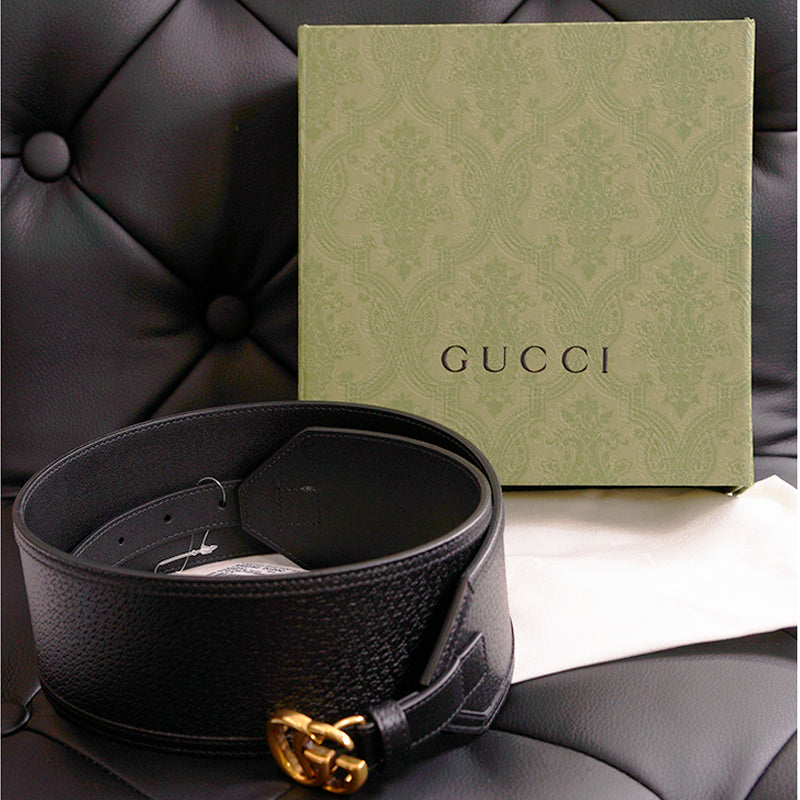 85/34 NEW $695 GUCCI Woman Black Leather GOLD GG MARMONT LOGO Wide Waist BELT