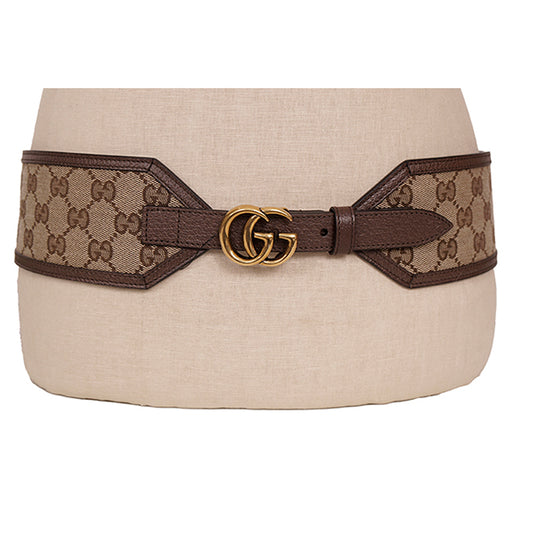 90/36 NEW $595 GUCCI Woman Brown Canvas GOLD GG MARMONT LOGO Wide Waist BELT NIB