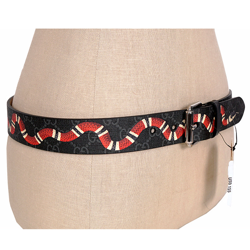 120/48 NEW $495 GUCCI Men Gray GG Coated Canvas Red KINGSNAKE SNAKE LOGO BELT