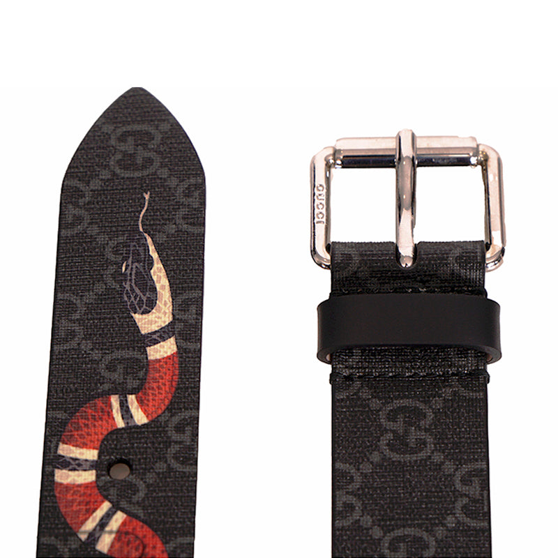 120/48 NEW $495 GUCCI Men Gray GG Coated Canvas Red KINGSNAKE SNAKE LOGO BELT