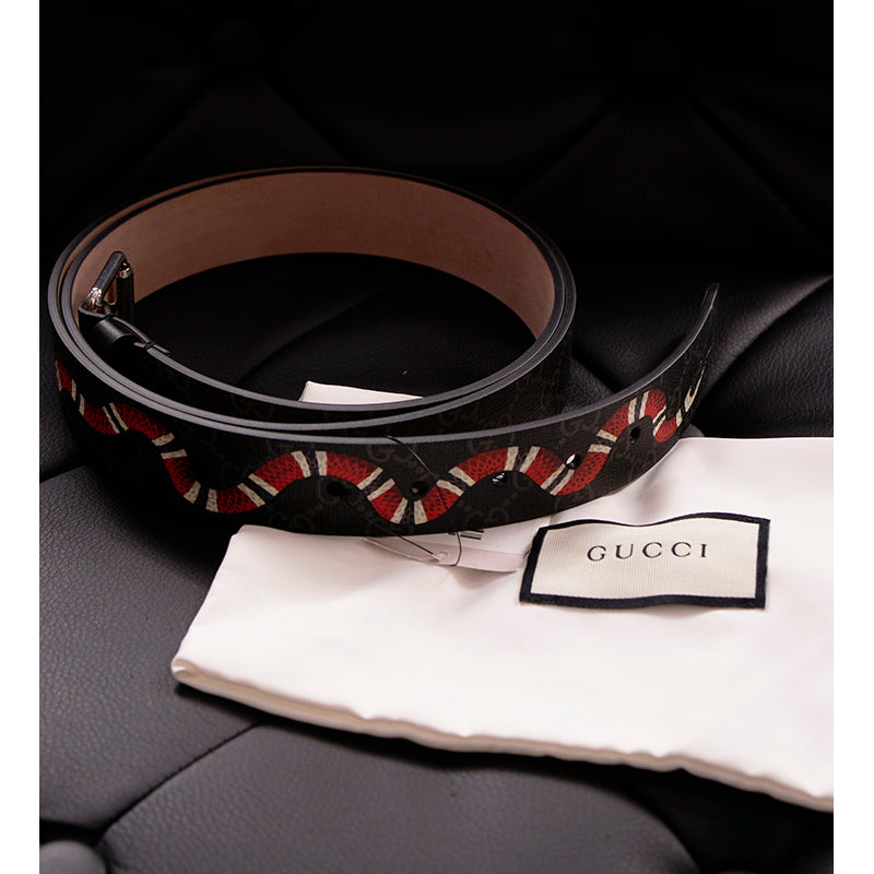 120/48 NEW $495 GUCCI Men Gray GG Coated Canvas Red KINGSNAKE SNAKE LOGO BELT